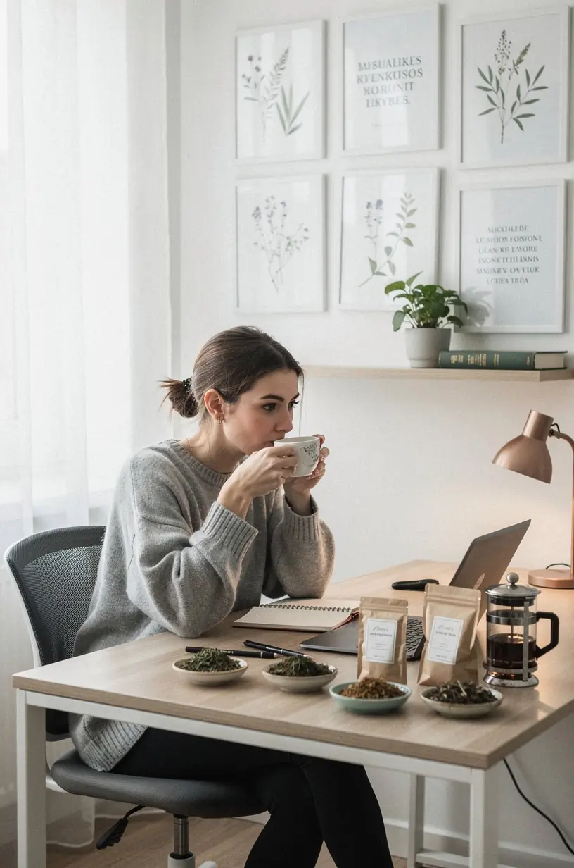 Rankos lašinamosios žolelių arbatos paruošimui, pabrėžiant tikslumą ir profesionalumą.