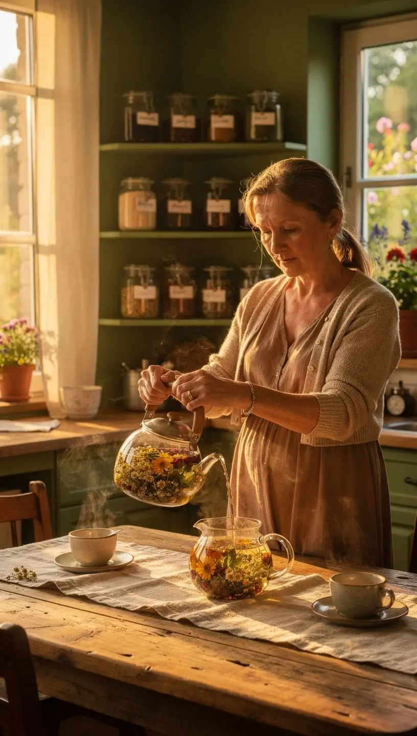 Žolelių arbatos lapai ir džiovintos gėlės ant balto fono, vizualizuojant natūralumą ir sveikatingumą.
